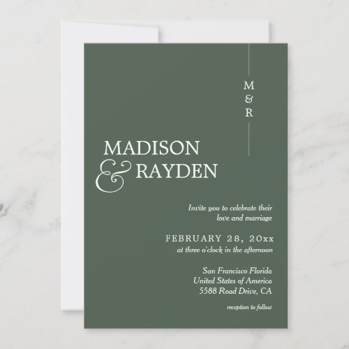 Modern Dark Green Monogram Photo QR Code Wedding Invitation
