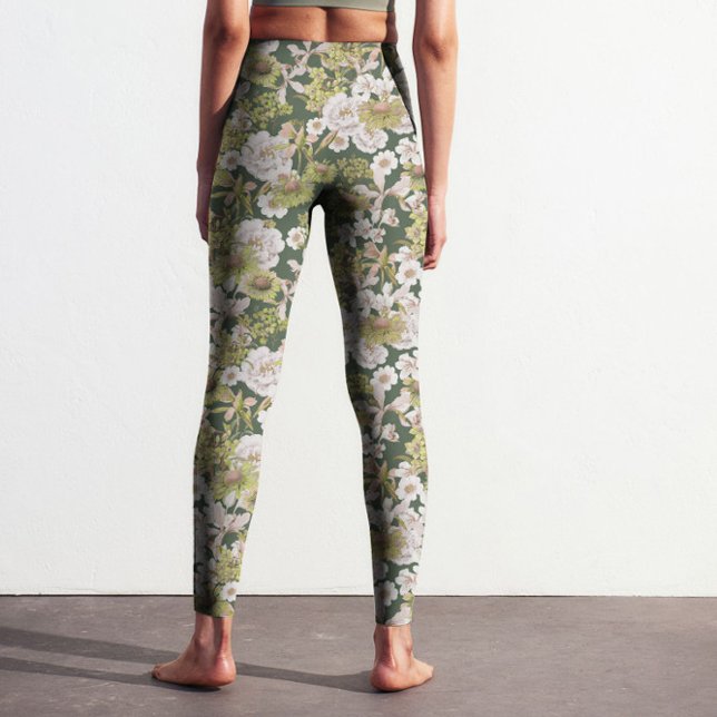 Modern Dark Green Olive FLoral Pattern Printed Leggings (Modern dark green olive floral pattern printed leggings design for nature and flower lovers.)