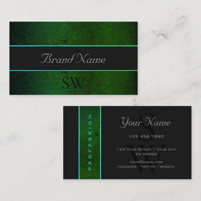 Modern Dark Green Pattern Gray Black Monogram Business Card (Front/Back)