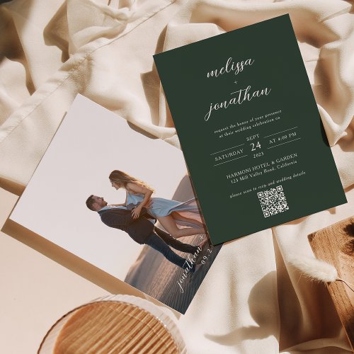 Modern Dark Green Photo Script QR Code Wedding Invitation