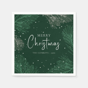Modern Dark Green Pine Branches Merry Christmas  Napkins