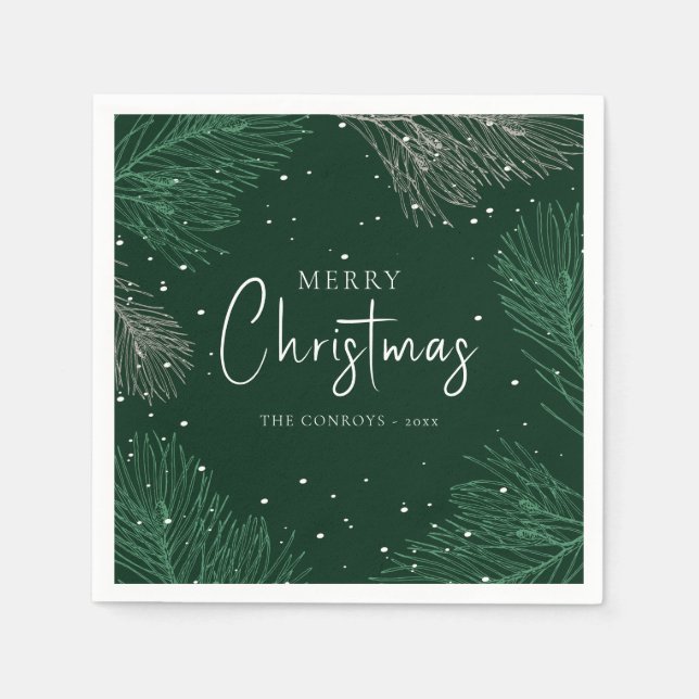 Modern Dark Green Pine Branches Merry Christmas  Napkins (Front)
