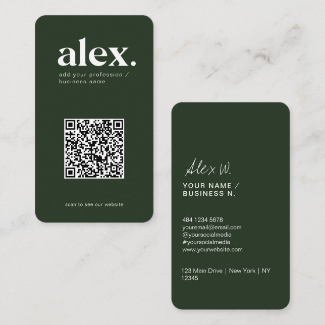 Modern Dark Green QR Code Logo Business Card (Front/Back)