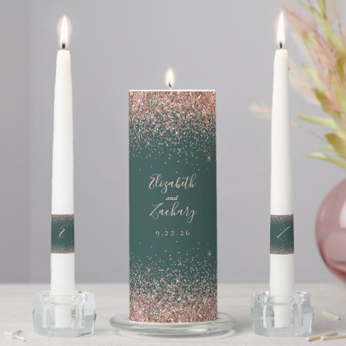 Modern Dark Green Rose Gold Faux Glitter Edge Unity Candle Set