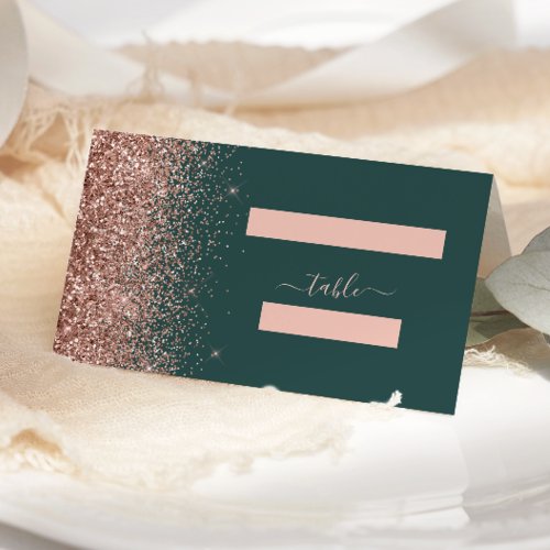 Modern Dark Green Rose Gold Glitter Edge Wedding Place Card