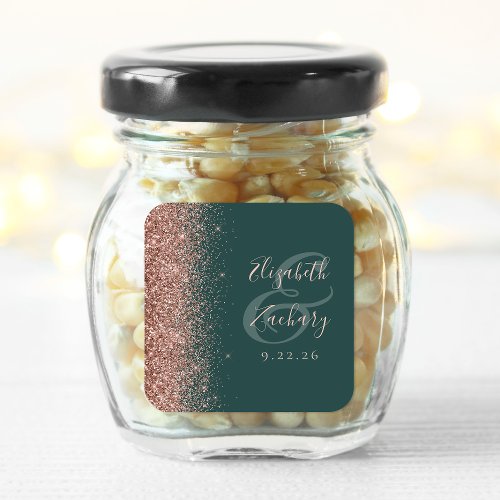 Modern Dark Green Rose Gold Glitter Edge Wedding Square Sticker