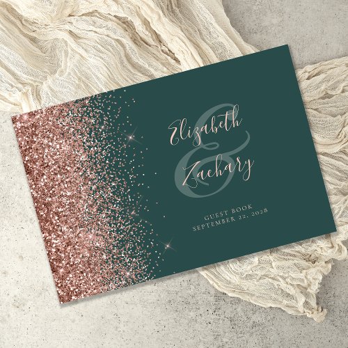 Modern Dark Green Rose Gold Glitter Script Guest Book