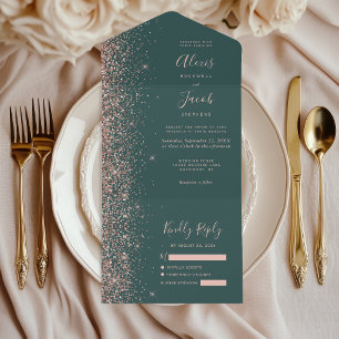 Modern Dark Green Rose Gold Glitter Wedding All In One Invitation