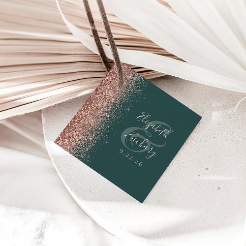 Modern Dark Green Rose Gold Glitter Wedding Favor Tags