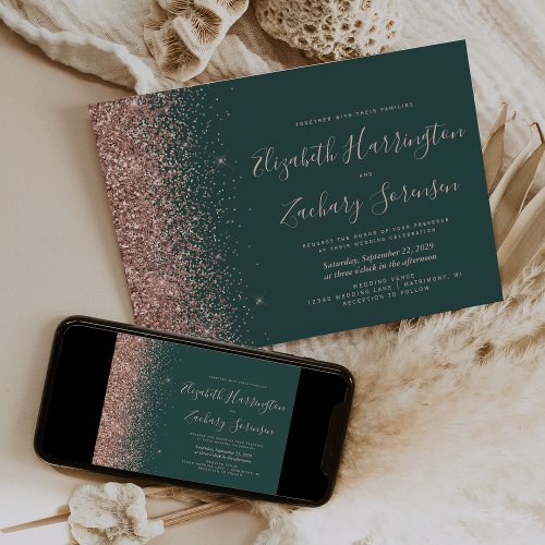 Modern Dark Green Rose Gold Glitter Wedding Invitation