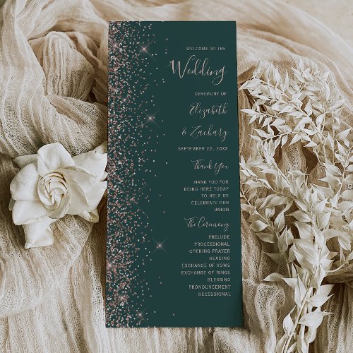 Modern Dark Green Rose Gold Glitter Wedding Program