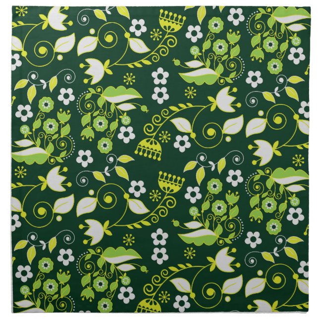 Modern Dark Green Scandinavian Floral Pattern Cloth Napkin (Front)