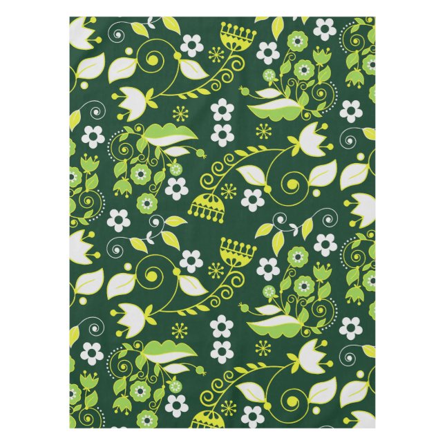 Modern Dark Green Scandinavian Floral Pattern Tablecloth (Front)