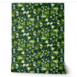 Modern Dark Green Scandinavian Floral Pattern Wallpaper