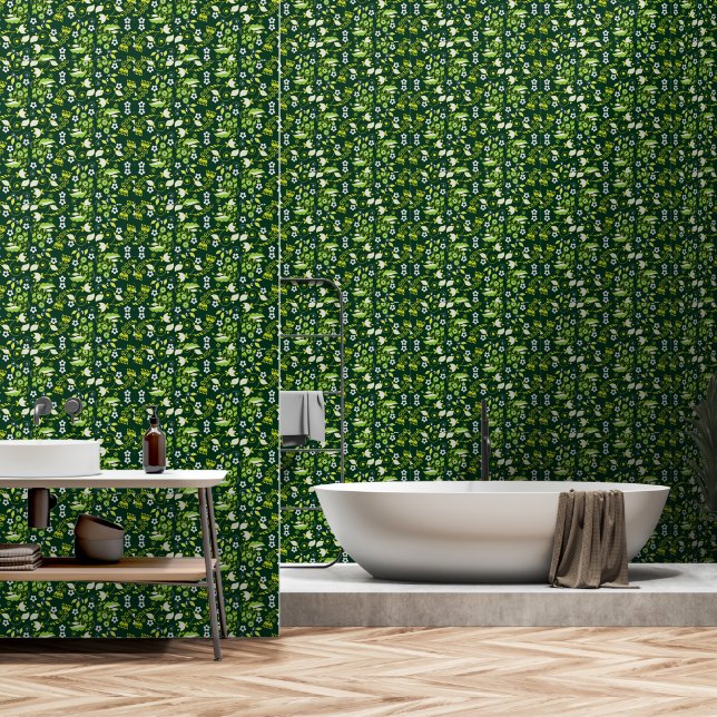 Modern Dark Green Scandinavian Floral Pattern Wallpaper (Bathroom)