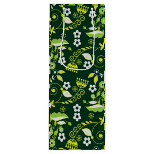 Modern Dark Green Scandinavian Floral Pattern Wine Gift Bag