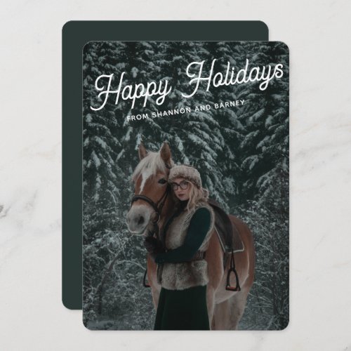 Modern Dark Green Script Equestrian Horse Photo Holiday Card