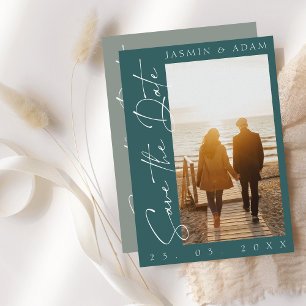 Modern Dark Green Script Photo Save the Date