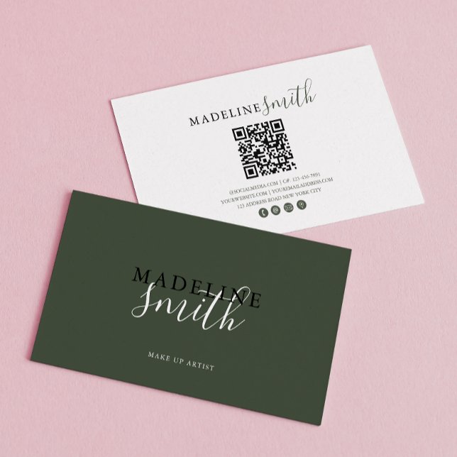 Modern Dark Green Script QR code Business Card (Creator Uploaded)