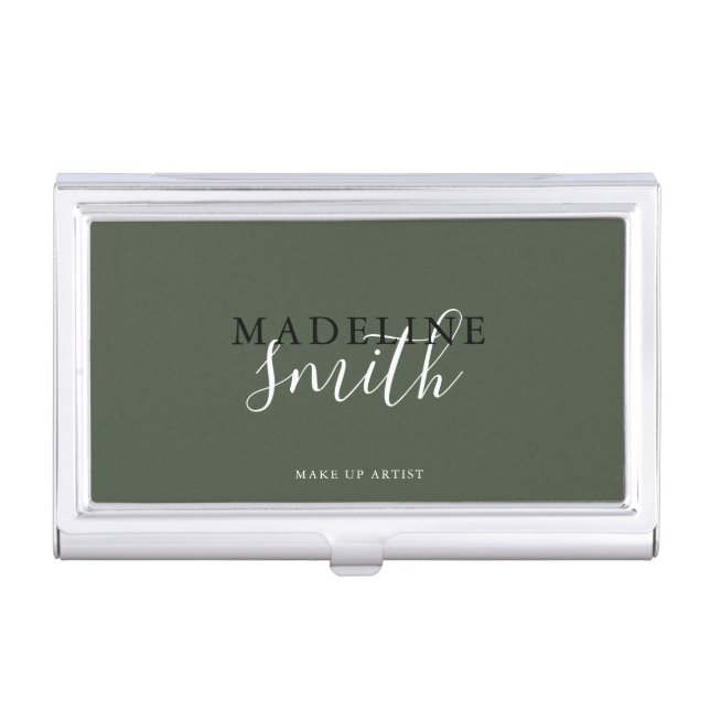 Modern Dark Green Script QR code Business Card Case (Front)