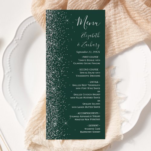 Modern Dark Green Silver Glitter Edge Wedding Menu