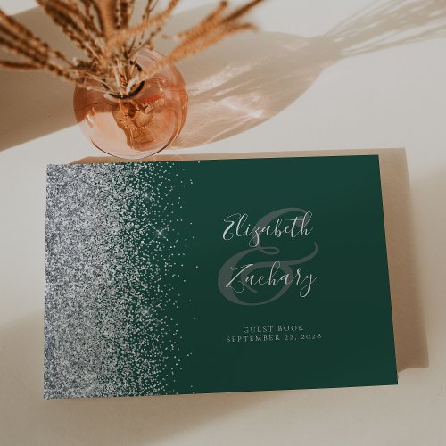 Modern Dark Green Silver Glitter Script Guest Book