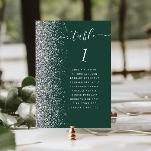 Modern Dark Green Silver Glitter Wedding Table Number