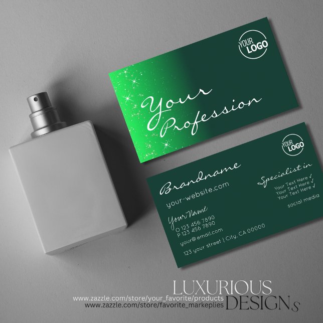 Modern Dark Green Sparkle Glitter Stars with Logo Business Card (Creator Uploaded)