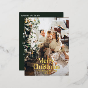 Modern dark green watercolor botanical typography Foil Holiday Postcard