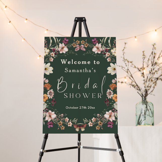 Modern Dark Green Wildflower Boho Bridal Shower Foam Board (In Situ (Stand))