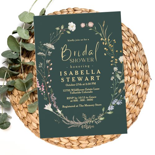 Modern Dark Green Wildflower Boho Bridal Shower Invitation