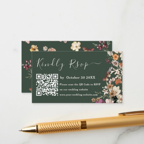 Modern Dark Green Wildflower Qr Code Rsvp Wedding Enclosure Card