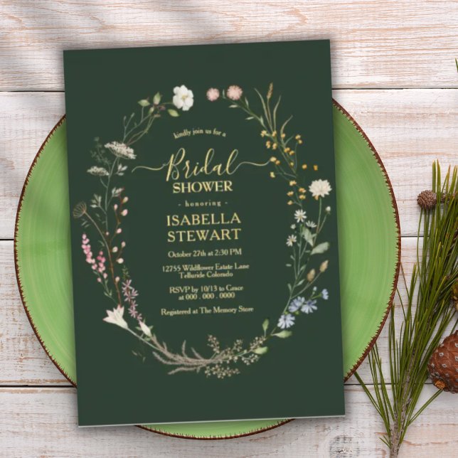 Modern Dark Green Wildflower Rustic Bridal Shower Foil Invitation (Creator Uploaded)