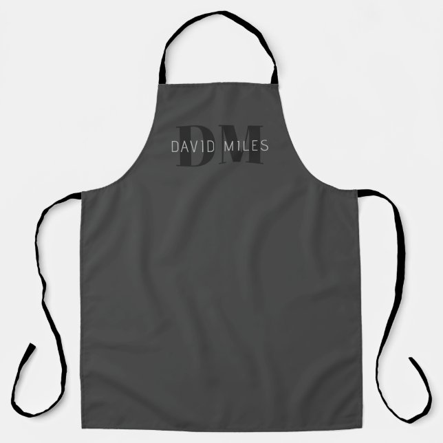 Modern Dark Grey & Black Editable Name & Monogram Apron (Front)