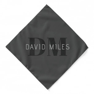 Modern Dark Grey & Black Editable Name & Monogram Bandana