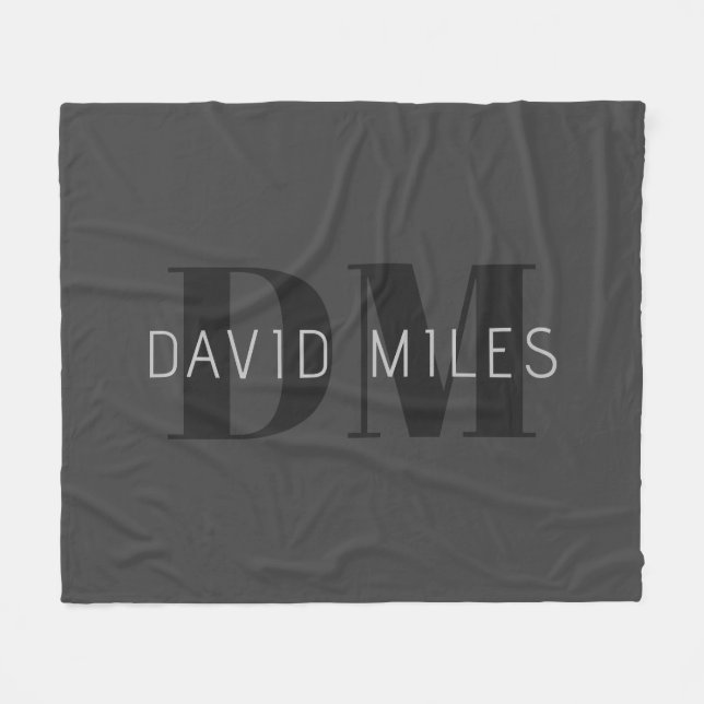 Modern Dark Grey & Black Editable Name & Monogram Fleece Blanket (Front (Horizontal))