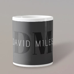 Modern Dark Grey &amp; Black Editable Name &amp; Monogram Giant Coffee Mug