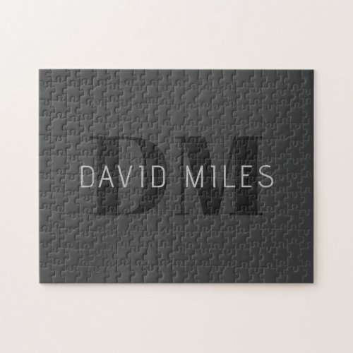 Modern Dark Grey  Black Editable Name  Monogram Jigsaw Puzzle