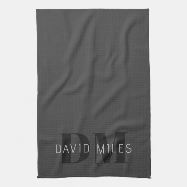 Modern Dark Grey & Black Editable Name & Monogram Kitchen Towel (Vertical)
