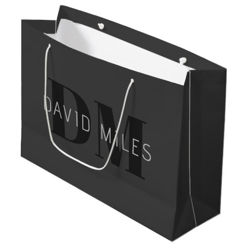 Modern Dark Grey  Black Editable Name  Monogram Large Gift Bag