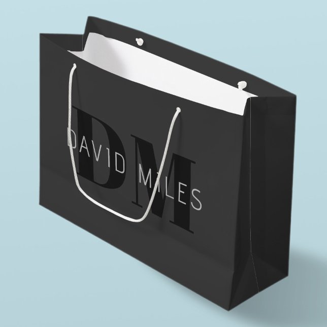 Modern Dark Grey & Black Editable Name & Monogram Large Gift Bag (Creator Uploaded)