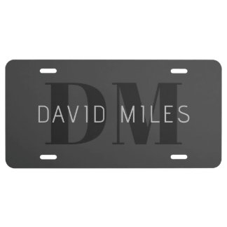 Modern Dark Grey & Black Editable Name & Monogram License Plate