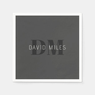 Modern Dark Grey & Black Editable Name & Monogram Napkins