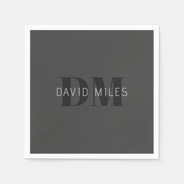 Modern Dark Grey & Black Editable Name & Monogram Napkins (Front)