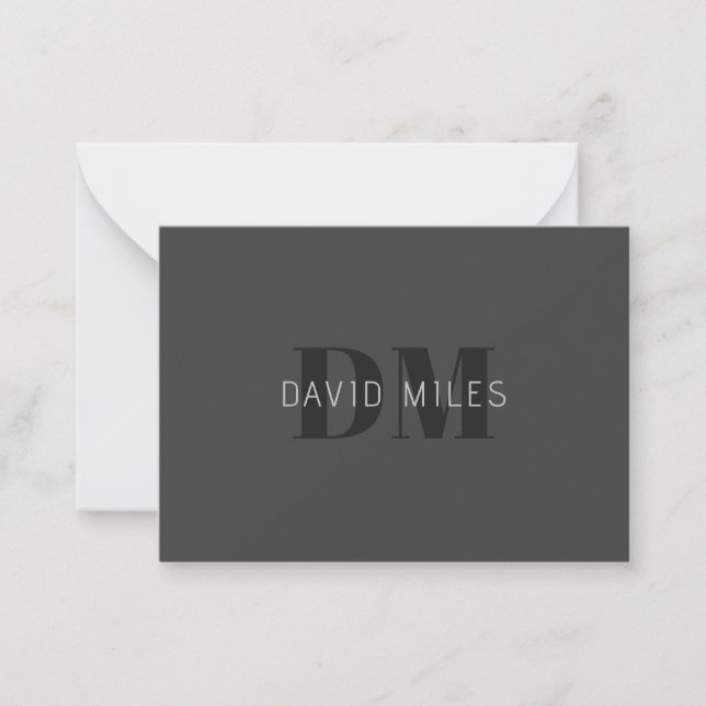 Modern Dark Grey & Black Editable Name & Monogram Note Card (Front)