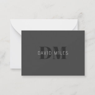 Modern Dark Grey & Black Editable Name & Monogram Note Card