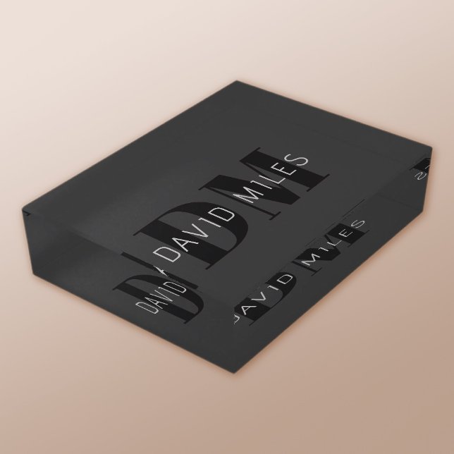 Modern Dark Grey & Black Editable Name & Monogram Paperweight (Creator Uploaded)