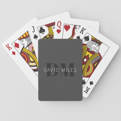 Modern Dark Grey  Black Editable Name  Monogram Poker Cards