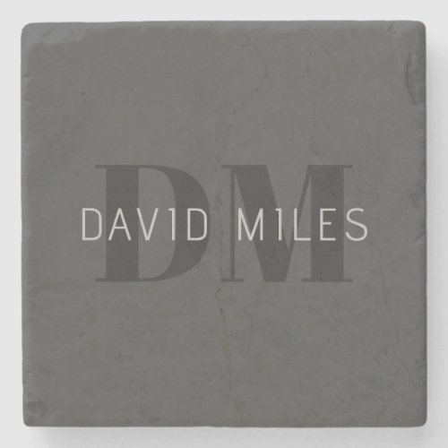 Modern Dark Grey  Black Editable Name  Monogram Stone Coaster