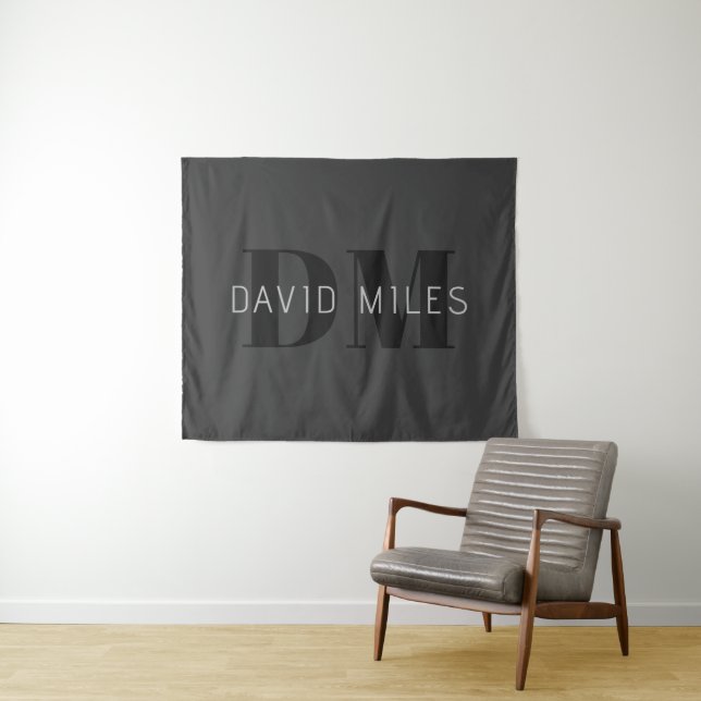 Modern Dark Grey & Black Editable Name & Monogram Tapestry (In Situ (Horizontal))